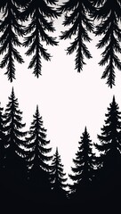 Obraz premium Woodland pine tree silhouettes against a white background featuring evergreens in vector illustrations with intricate details of firs and spruces
