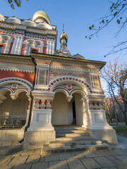 Fototapeta premium Autumn view Russian church in town of Shipka, Bulgaria