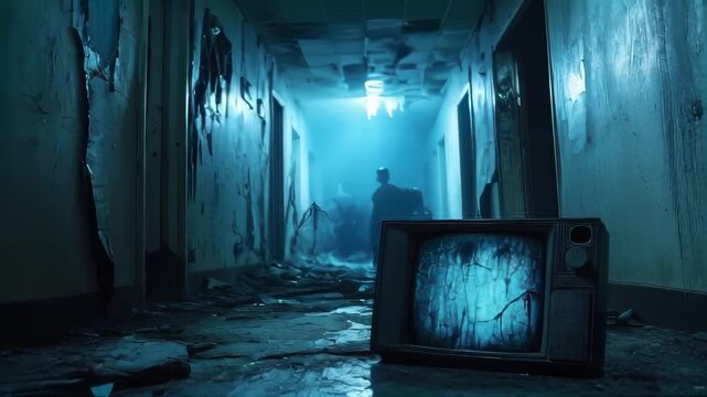 A shadowy figure walks down a decaying hospital hallway, a broken TV displaying static. Perfect for horror, suspense, and thriller projects.. AI Generation