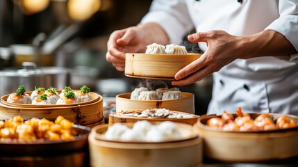 A chef skillfully places bamboo steamers filled with colorful dim sum on a table, surrounded by a variety of freshly prepared dishes during lunch
