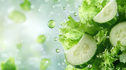 Obraz premium Fresh cucumber and lettuce with water droplets splashing, creating a refreshing green background