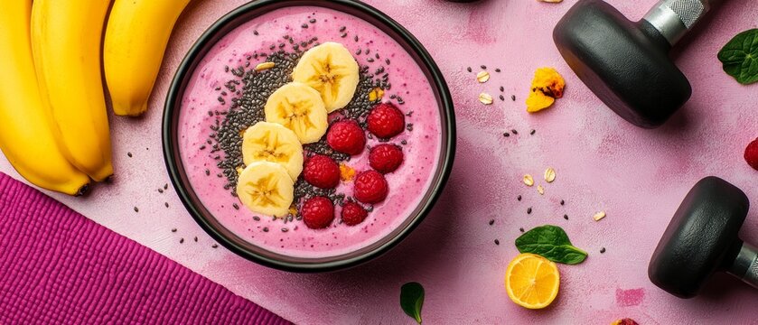 Enjoy a nutritious smoothie bowl topped with bananas, raspberries, and chia seeds, surrounded by weights and fresh ingredients for a balanced lifestyle