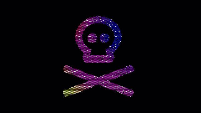 Icon skull crossbones is made up of LED square shapes that shimmer and flicker. There are black dead diodes. In-Out looped. Alpha BW at the end