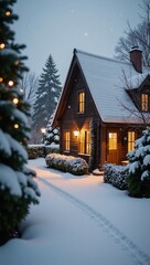A shimmering winter Christmas village bathed in twinkling lights amidst gentle snowfall features charming homes adorned with icicles and trees lining the enchanting frosted streets