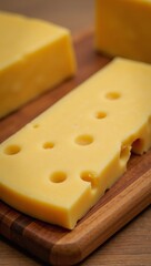 A gourmet snack showcases the classic Swiss cheese with distinctive holes on a rustic wood platter