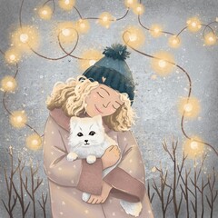 Winter Fairy Tale Illustration: Girl with Arctic Fox and Garland in Pastel Tones
