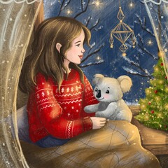 Cozy Winter Illustration: Girl in Festive Sweater with Koala Toy by the Window