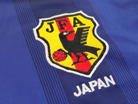 Closeup view of the Japan National Football team retro emblem (1996-2010), featured on the 2004-2005 season home kit.