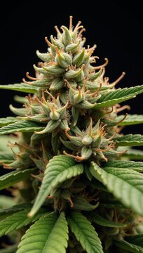 Close-up portrait of a cannabis plant showcasing visible THC and CBD crystals