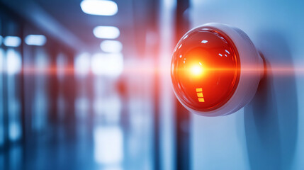 glowing fire alarm strobe light emits a bright warning signal, symbolizing safety, urgency, and emergency response in a blurred environment, conveying the importance of immediate action