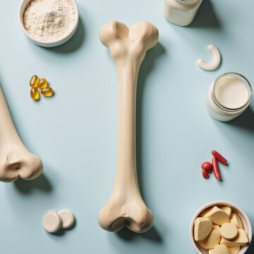 A medical-themed image showcases a healthy bone structure surrounded by calcium supplements collagen pills and other nutritional elements against a conceptual backdrop related to bone health