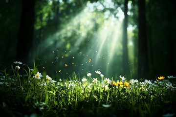 Obraz premium Rays of sunlight illuminate flowers in a forest