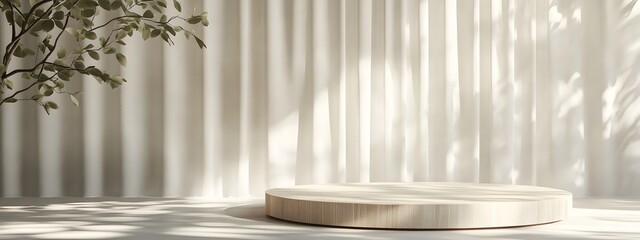 A podium for product presentation, with light wood and beige tones