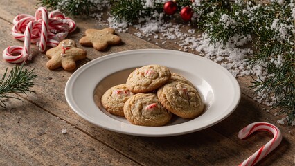 Cozy holiday gingerbread cookies and candy canes on wooden table