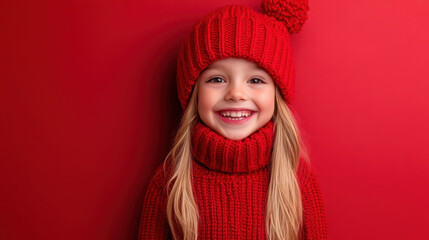 A young girl with long hair wears a cozy red sweater and a matching hat, smiling widely against a vibrant red backdrop, capturing the cheerful spirit of winter.