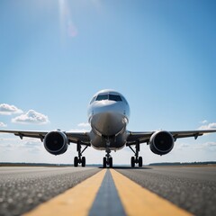 A dynamic airport runway scene with a sleek airplane ready for takeoff against a clear sky