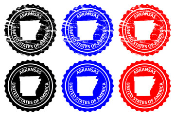 Arkansas - rubber stamp - vector, Arkansas (United States of America) map pattern - sticker - black, blue and red