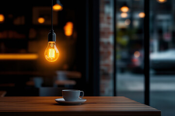 a minimalist pendant lamp hanging over a dark, almost empty space. The scene should be focused on the lamp.