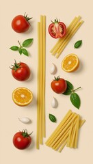 Italian kitchen-themed abstract illustration showcasing a patterned backdrop of pasta tomatoes garlic and basil ingredients