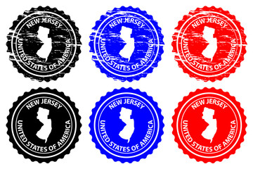 New Jersey - rubber stamp - vector, New Jersey (United States of America) map pattern - sticker - black, blue and red 