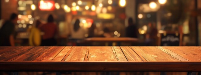 Plateau de table en bois vide dans un restaurant avec un arrière-plan flou de personnes, la nuit. Style vintage et rétro. Maquette pour un concept de conception de présentation de produits.