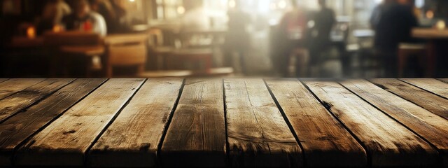 Plateau de table en bois vide dans un restaurant avec un arrière-plan flou de personnes, la nuit. Style vintage et rétro. Maquette pour un concept de conception de présentation de produits.