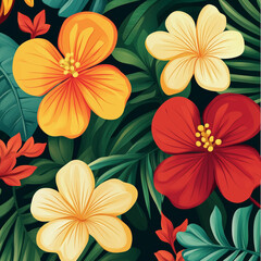 A vibrant floral background showcasing bold tropical flowers in striking red, orange, and yellow tones, surrounded by lush green foliage, exuding energy and a lively tropical vibe.