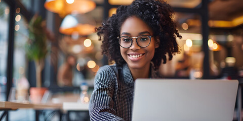 Professional woman smiling while working on laptop, Confident freelancer in a cozy café setting