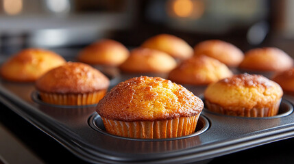 Freshly baked muffins resting in a muffin pan, showcasing their golden, inviting texture and soft appearance, symbolizing warmth, comfort, and the satisfaction of homemade goodness