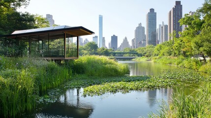 Fototapeta premium Urban park with greenery and a tranquil waterway against city skyline.