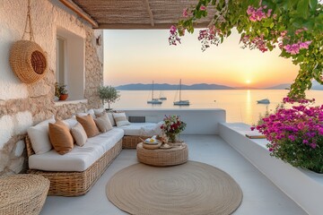 Obraz premium Boho terrace with vibrant plants cozy rattan sofa and sunset view