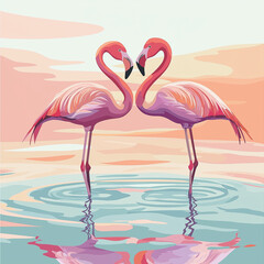 Obraz premium Stylized illustration of two flamingos dancing in love with reflections in calm water