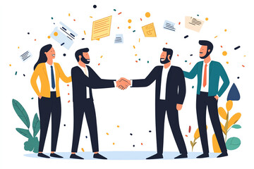 Business professionals engaging in a successful handshake and celebration in a modern office environment