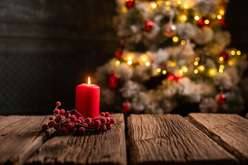  red Christmas Candle on rustic wood