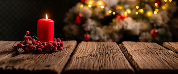  red Christmas Candle on rustic wood