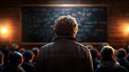 A male teacher stands in front of a chalkboard, addressing a diverse classroom of students.
