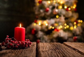  red Christmas Candle on rustic wood