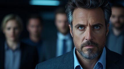 A serious man with slicked-back hair and a beard, surrounded by a group in formal attire, exuding intensity.