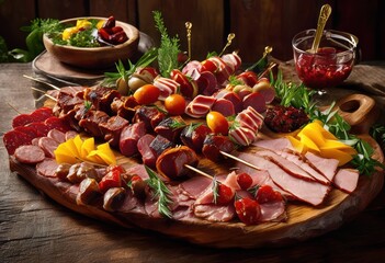 vibrant display assorted meats spread artfully rustic wooden board varied colors textures, charcuterie, sausage, ham, prosciutto, brisket, turkey, beef
