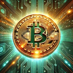 Golden Bitcoin with Blockchain Network Connections and Digital Highlights, cryptocurrency concept
