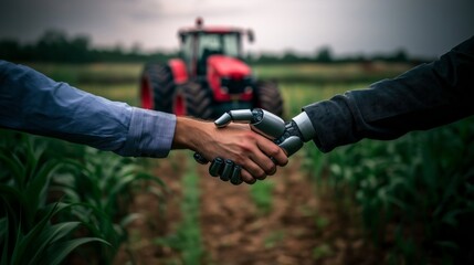 A handshake between a human and an AI robot hand in a green field, showcasing collaboration, innovation, and the integration of technology in modern agriculture