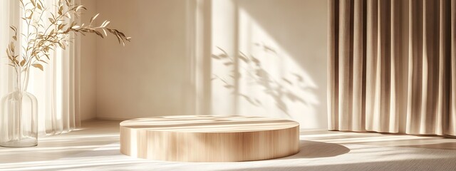 A podium for product presentation, with light wood and beige tones