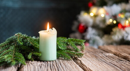christmas greeting card, Advent Candles on light rustic wood, Xmas backdrop with copy space, banner, header, panorama