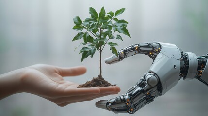 An AI robot hand and a human hand exchanging a tree sapling, symbolizing sustainability, innovation, and harmony between nature and technology for a green future and environment
