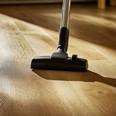 Close-up of vacuum cleaner on wooden floor with sunlight filtering in, emphasizing house cleaning concept