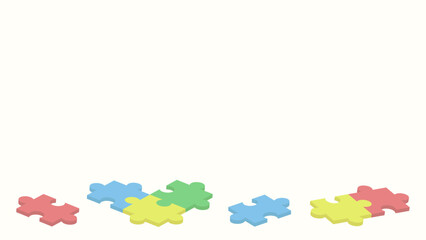 Colorful puzzle pieces scattered in pink, green, blue and yellow on a light background. Some of them are joined together, while the others are alone.