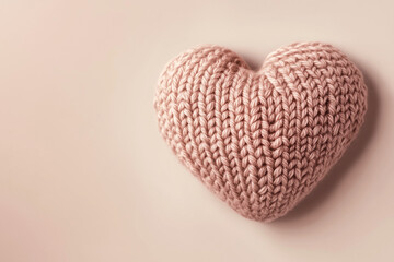 A close-up of a heart crafted from delicate pastel pink yarn, showcasing intricate knitted patterns and loops, set against a neutral beige backdrop for a warm, minimalist, and cozy feel