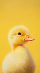 Close-up of a fluffy yellow duckling with a curious expression, taking small steps, isolated on a soft pastel background, evoking a playful and endearing charm