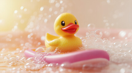 A rubber duck joyfully riding a brightly colored surfboard amid bubbly waves in a bathtub, illuminated by soft lighting with sparkling reflections, creating a playful and lively scene.