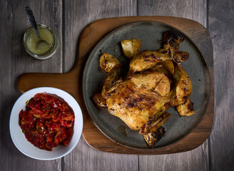 Whole chicken rotisory grilled with pickled peppers and garlic sauce